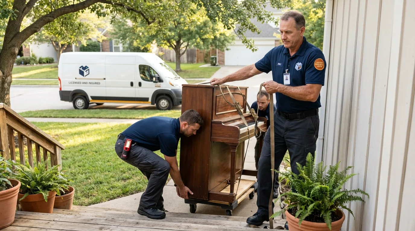 Licensed piano movers securing grand piano in West Haverstraw, NY