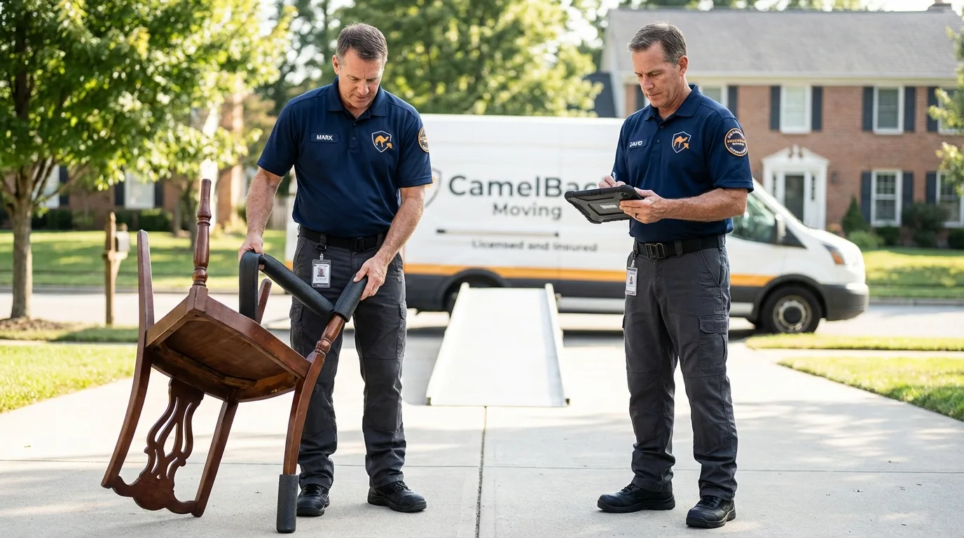 Movers inspecting furniture for damage prevention before loading in West Haverstraw, NY