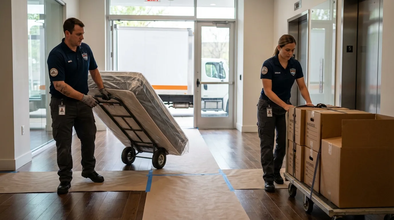 Professional apartment movers loading elevator in West Haverstraw, NY