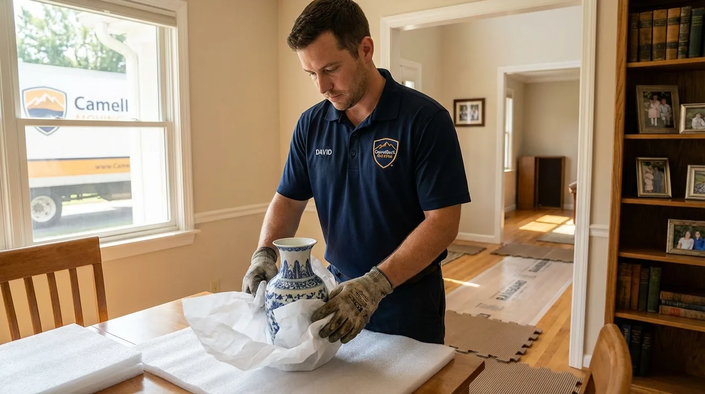 Professional crew carefully wrapping antique vase for senior downsizing move in West Haverstraw, NY