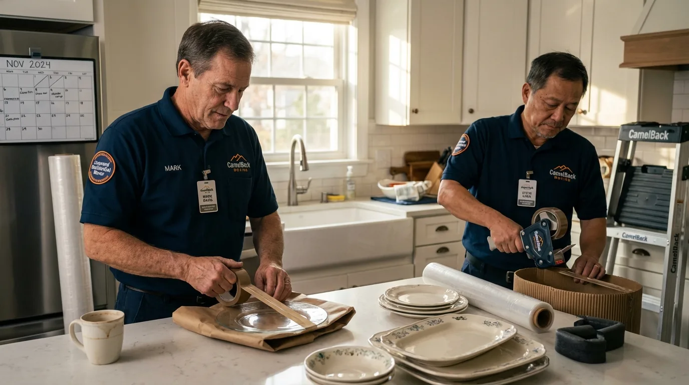Professional crew packing kitchen dishware in West Haverstraw, NY
